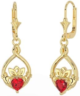 Ruby Gold Celtic Claddagh Dangle Earrings