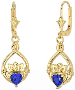 Sapphire Gold Celtic Claddagh Dangle Earrings