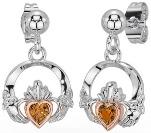 Citrin Rose Gold Nod Celtic Claddagh Trinity de argint Cercei suspendați