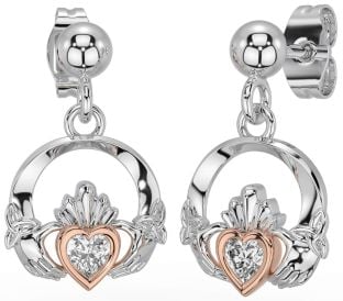 Diamond Rose Gold Silver Celtic Claddagh Trinity Knot Dangle Earrings