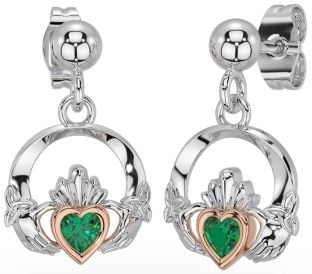 Emerald Rose Gold Silver Celtic Claddagh Trinity Knot Dangle Earrings