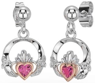 Pink Tourmaline Rose Gold Silver Celtic Claddagh Trinity Knot Dangle Earrings