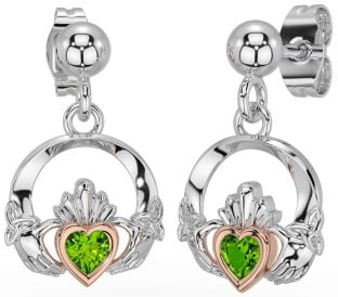 Peridot Rose Gold Silver Celtic Claddagh Trinity Knot Dangle Earrings