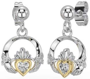 Diamond Gold Silver Celtic Claddagh Trinity Knot Dangle Earrings