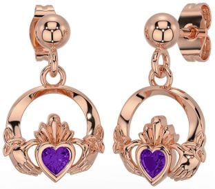 Amethyst Rose Gold Silver Celtic Claddagh Trinity Knot Dangle Earrings