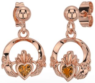 Citrin Rose Gold Nod Celtic Claddagh Trinity de argint Cercei suspendați