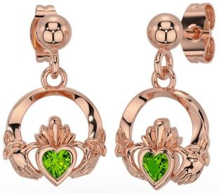 Peridot Rose Gold Silver Celtic Claddagh Trinity Knot Dangle Earrings