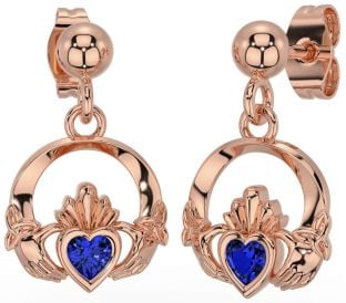 Sapphire Rose Gold Silver Celtic Claddagh Trinity Knot Dangle Earrings