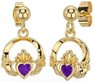 Amethyst Gold Silver Celtic Claddagh Trinity Knot Dangle Earrings