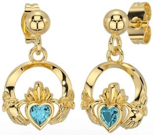 Aquamarine Gold Silver Celtic Claddagh Trinity Knot Dangle Earrings