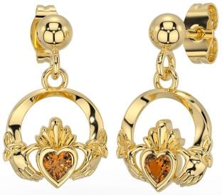 Citrine Gold Silver Celtic Claddagh Trinity Knot Dangle Earrings