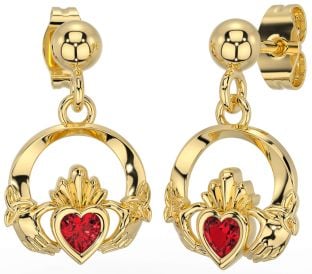 Ruby Gold Silver Celtic Claddagh Trinity Knot Dangle Earrings