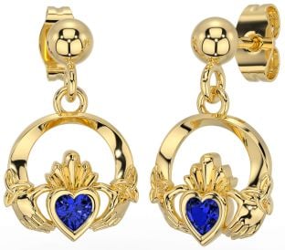 Sapphire Gold Silver Celtic Claddagh Trinity Knot Dangle Earrings