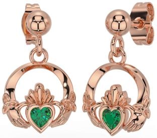 Emerald Rose Gold Celtic Claddagh Trinity Knot Dangle Earrings