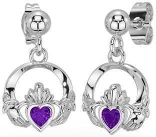 Amethyst Silver Celtic Claddagh Trinity Knot Dangle Earrings