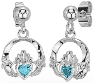 Aquamarine Silver Celtic Claddagh Trinity Knot Dangle Earrings