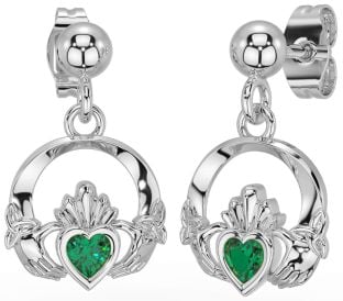 Emerald Silver Celtic Claddagh Trinity Knot Dangle Earrings