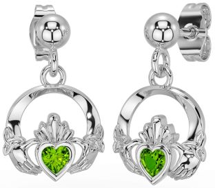 Peridot Silver Celtic Claddagh Trinity Knot Dangle Earrings