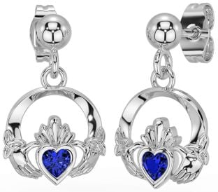 Sapphire Silver Celtic Claddagh Trinity Knot Dangle Earrings