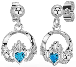 Topaz Silver Celtic Claddagh Trinity Knot Dangle Earrings