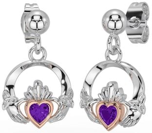 Amethyst Rose Gold Silver Celtic Claddagh Trinity Knot Dangle Earrings