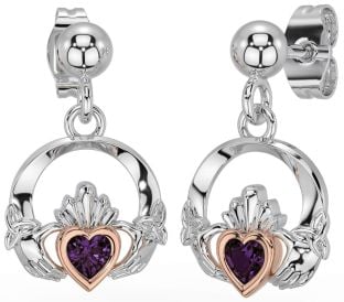 Alexandrit Rose Gold Silber keltisch Claddagh Dreieinigkeit Knoten Baumeln Ohrringe