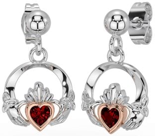 Garnet Rose Gold Silver Celtic Claddagh Trinity Knot Dangle Earrings