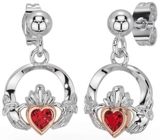 Rubis Rose Or Argent celtique Claddagh Trinité Noeud Pendre Des boucles d'oreilles