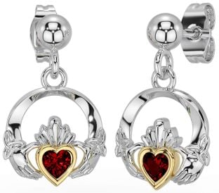 Garnet Gold Silver Celtic Claddagh Trinity Knot Dangle Earrings