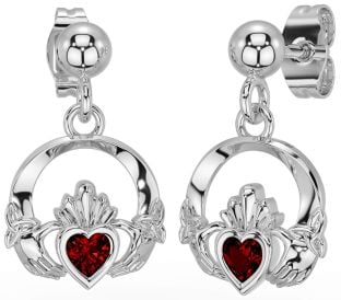 Garnet White Gold Celtic Claddagh Trinity Knot Dangle Earrings