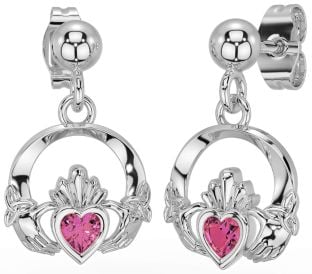 Pink Tourmaline White Gold Celtic Claddagh Trinity Knot Dangle Earrings