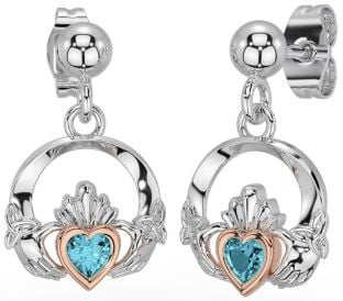 Aquamarine White Rose Gold Celtic Claddagh Trinity Knot Dangle Earrings