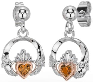 Citrine White Rose Gold Celtic Claddagh Trinity Knot Dangle Earrings