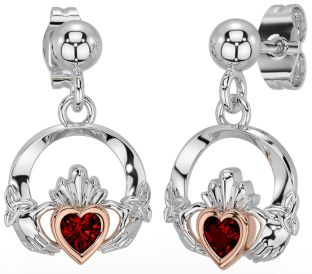 Garnet White Rose Gold Celtic Claddagh Trinity Knot Dangle Earrings