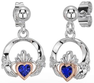 Sapphire White Rose Gold Celtic Claddagh Trinity Knot Dangle Earrings