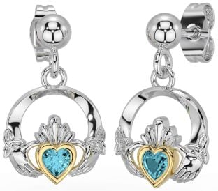 Aquamarine White Yellow Gold Celtic Claddagh Trinity Knot Dangle Earrings