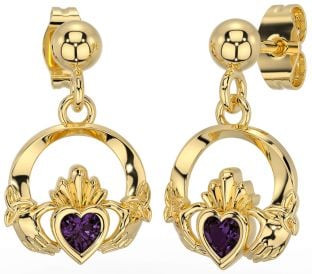 Alexandrite Gold Celtic Claddagh Trinity Knot Dangle Earrings