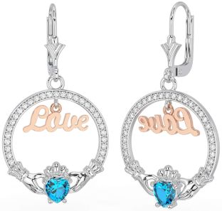 Trandafir de topaz diamant Aur Argint Claddagh Love Dangle Cercei