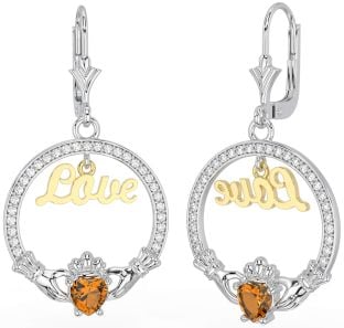 Diamond Citrine Gold Silver Claddagh Love Dangle Earrings