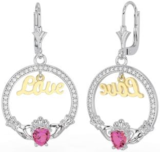 Diamond Pink Tourmaline Gold Silver Claddagh Love Dangle Earrings