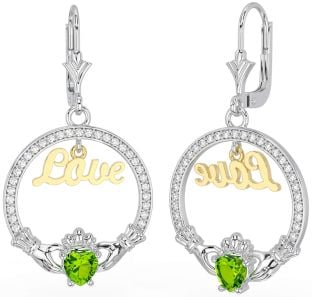 Diamond Peridot Gold Silver Claddagh Love Dangle Earrings