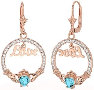 Diamond Aquamarine Rose Gold Silver Claddagh Love Dangle Earrings