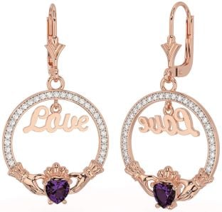 Diamond Alexandrite Rose Gold Silver Claddagh Love Dangle Earrings