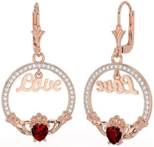 Diamond Garnet Rose Gold Silver Claddagh Love Dangle Earrings