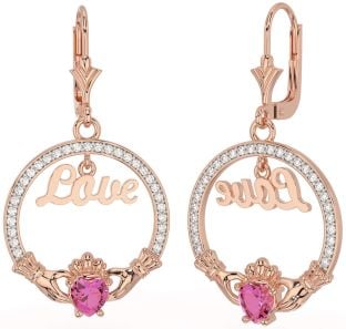 Diamante Rosa Turmalina Rosa Ouro Prata Claddagh Amor Pendurar Brincos