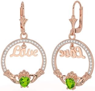 Diamond Peridot Rose Gold Silver Claddagh Love Dangle Earrings