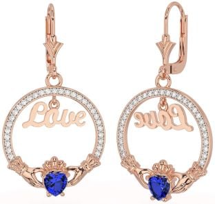 Diamond Sapphire Rose Gold Silver Claddagh Love Dangle Earrings