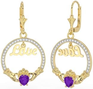 Diamond Amethyst Gold Silver Claddagh Love Dangle Earrings