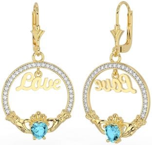 Diamond Aquamarine Gold Silver Claddagh Love Dangle Earrings