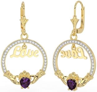 Diamond Alexandrite Gold Silver Claddagh Love Dangle Earrings